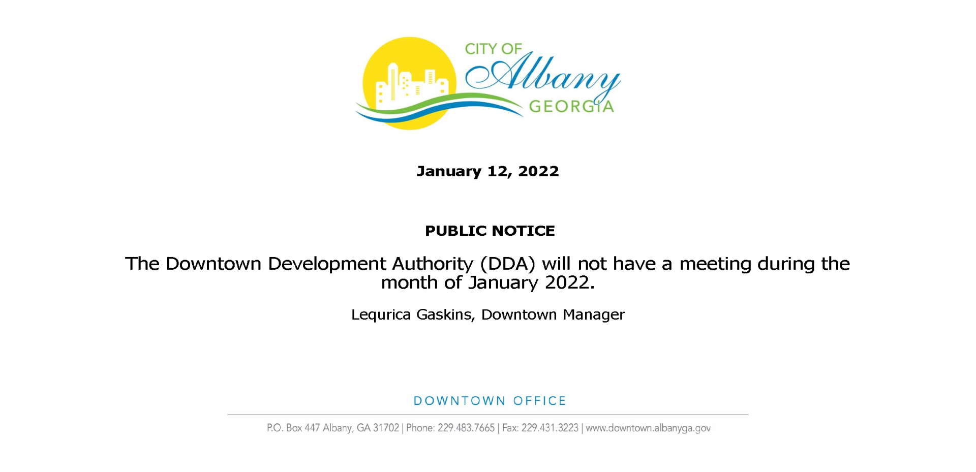 DDA Board Meeting - Public Notice January 2022 cancelled