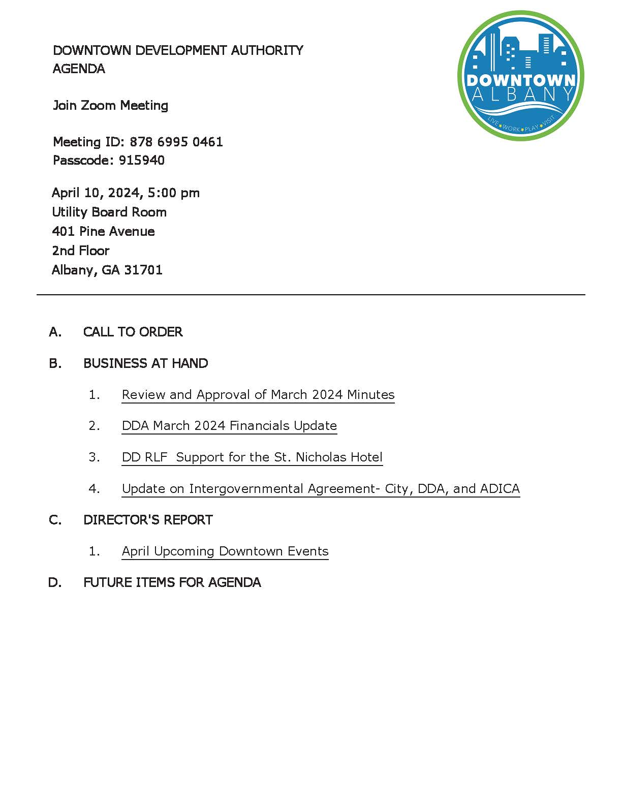 Agenda Table of Contents - DDA MEETING_Apr10_2024