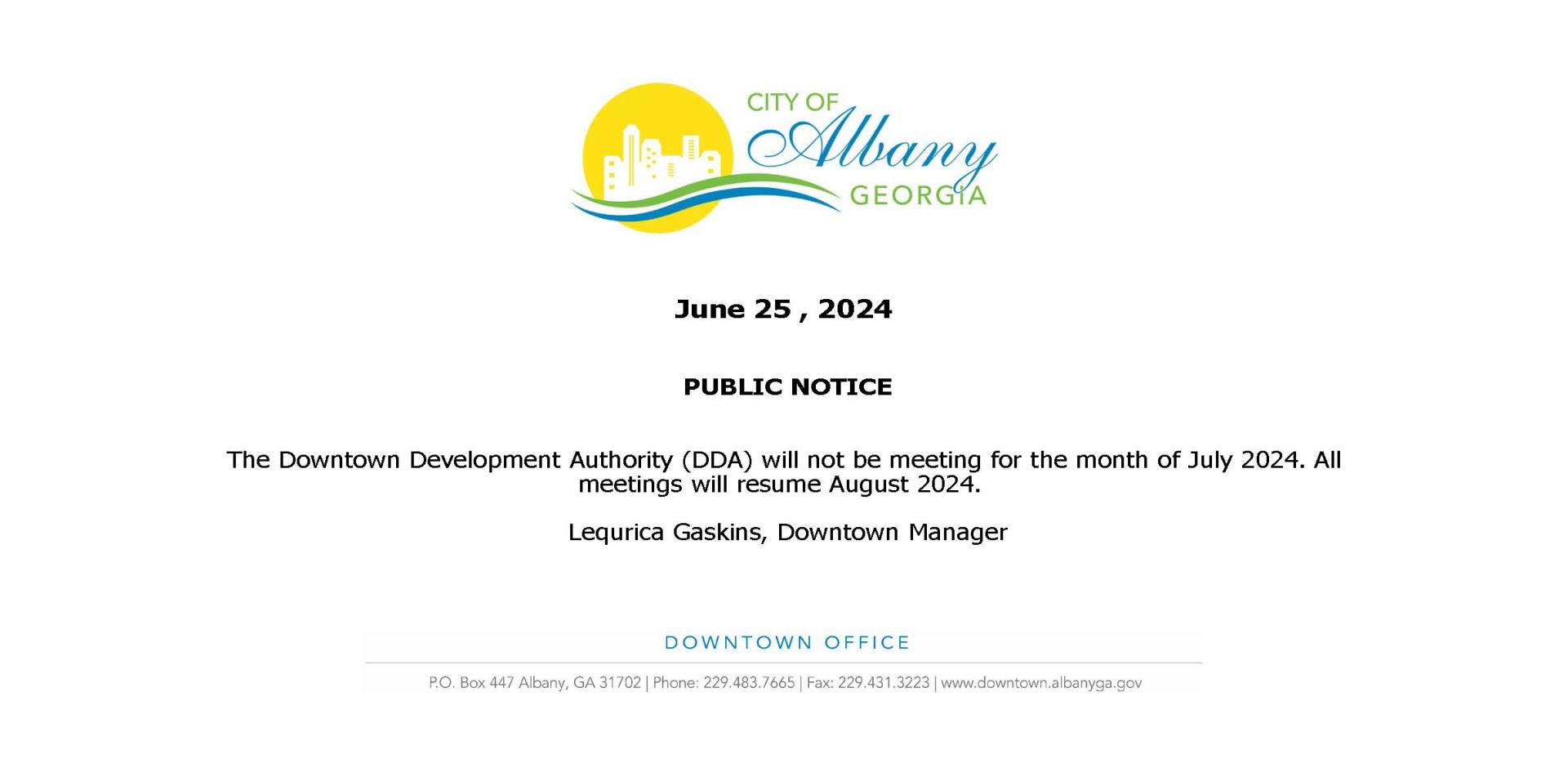 DDA Board Meeting - July 2024 Meeting Announcment