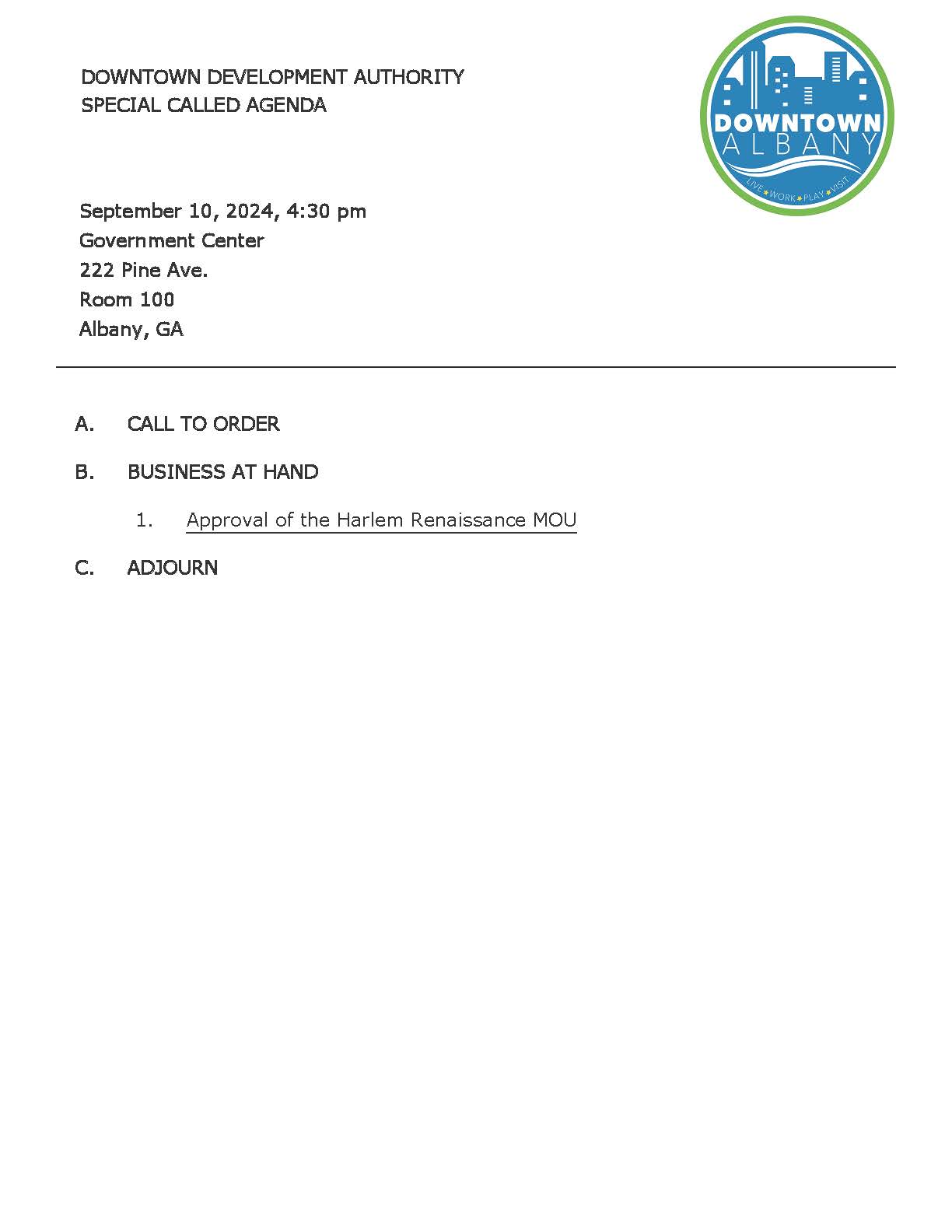 Agenda Table of Contents - SPECIAL CALLED DDA MEETING_Sep10_2024