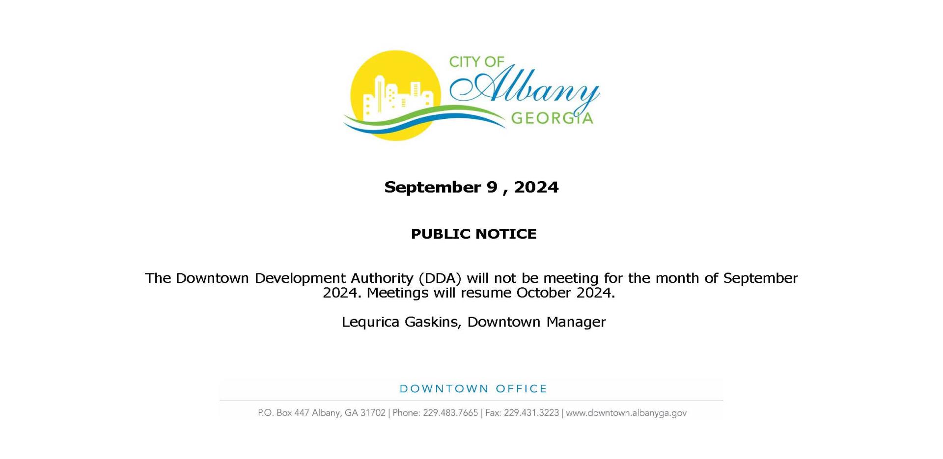 DDA Public Notice - September 2024 Meeting Announcment